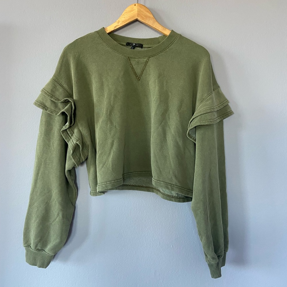 🛑SOLD 7 for All Mankind Army Green Ruffle Sleeve Cropped Sweatshirt - Picture 2 of 6